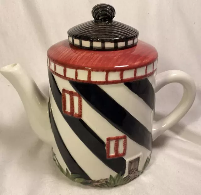 Hand Painted Ceramic Coffee/Tea Pot Lighthouse 8 inch Quart size Nautical Beach