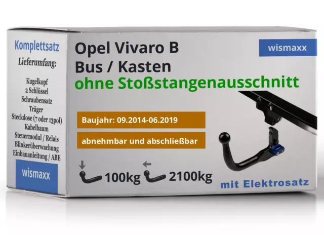 AutoHak Anhängerkupplung abnehmbar für Opel Vivaro B X82 14-19 E-Satz 13pol ABE