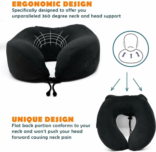 ZAMAT Travel Pillow with 3D Contour Sleep Mask and Anti-noise earplugs Black NEW
