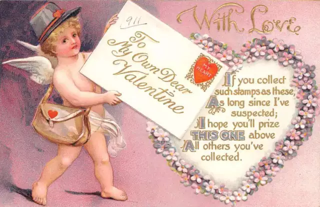 To My Own Dear Valentine With Love Cupid Delivering Letter Vintage PC U6561