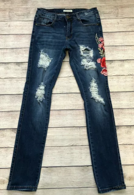 Machine Jeans Size 7 29 Denim Floral Embroidery Distressed Skinny Womens Jrs R17