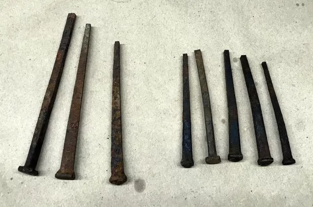 ANTIQUE SQUARE NAILS WITH SQUARE HEADS - Assorted Sizes 3" to 4 7/8" - Lot of 8