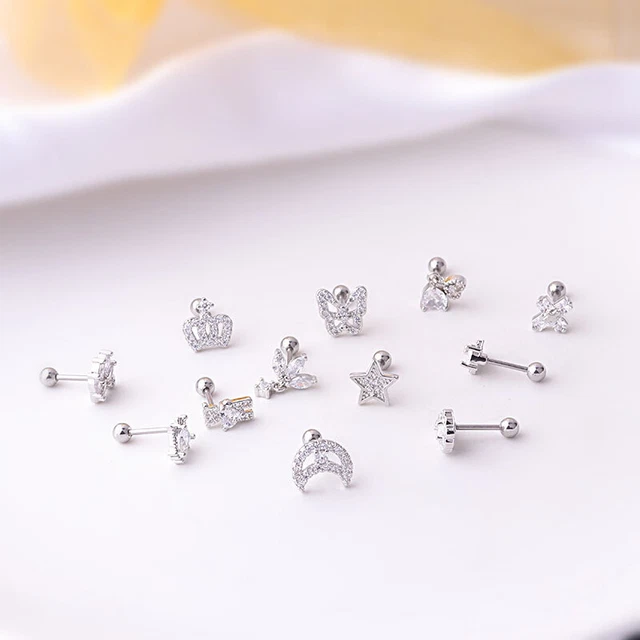 Stainless Steel Moon Butterfly Cross Crown Stud Earring for Women CartilaPX