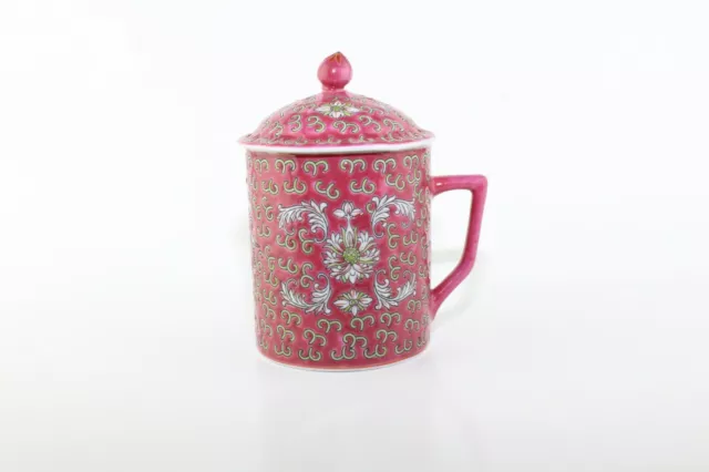 Pink Floral Chinese Mun Shou Rose Porcelain Tea Coffee Mug Cup With Lid