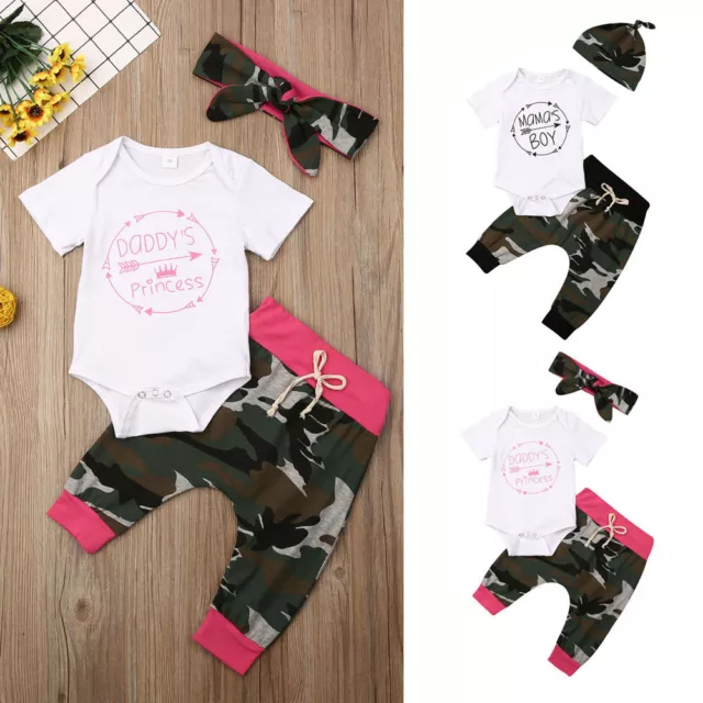 Newborn Baby Girls 3Pcs Bodysuit Romper Tops Pants Headband Camo Clothes Outfits