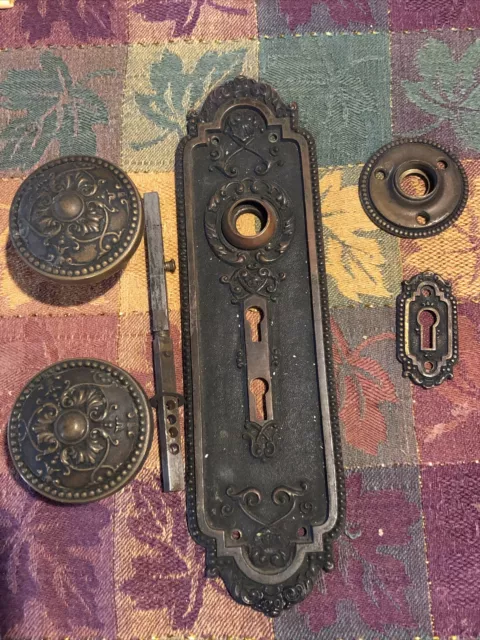 Antique Ornate Victorian Brass Door Knob Set Backplates Keyhole Sargent & Co.