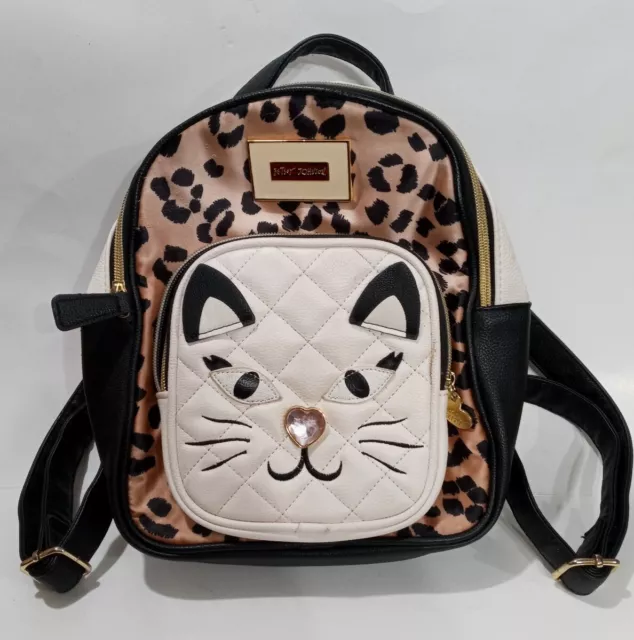 Cute Betsey Johnson Kitty Cat Face Satchel Backpack Bag, Black & White