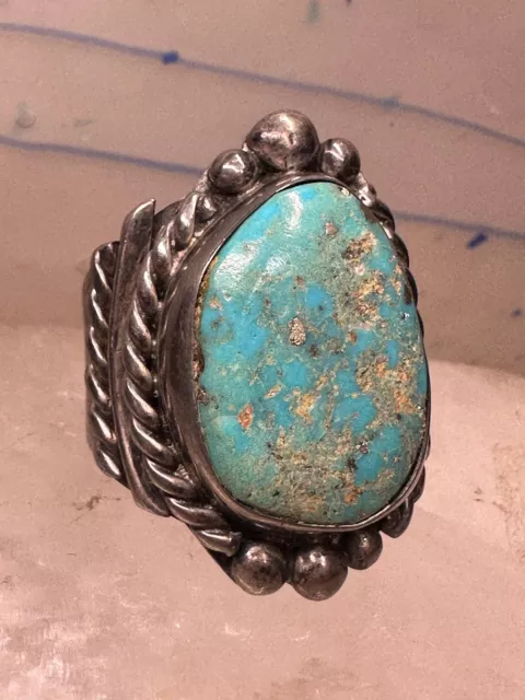 Turquoise ring Navajo Heavy wide band rope size 10 sterling silver women