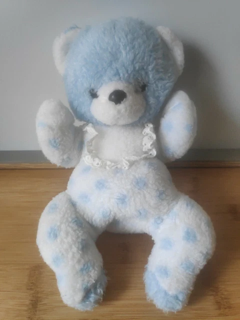 Peluche doudou ours ourson blanc bleu pois dentelles Nounours vintage + cadeau