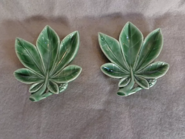 Vintage WADE Small 9x8cm Green Leaf Pottery/Ceramic Trinket Dishes x2, immac con