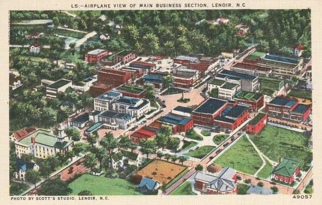 Postcard Airplane View Of Main Business Section Lenoir North Carolina NC Linen