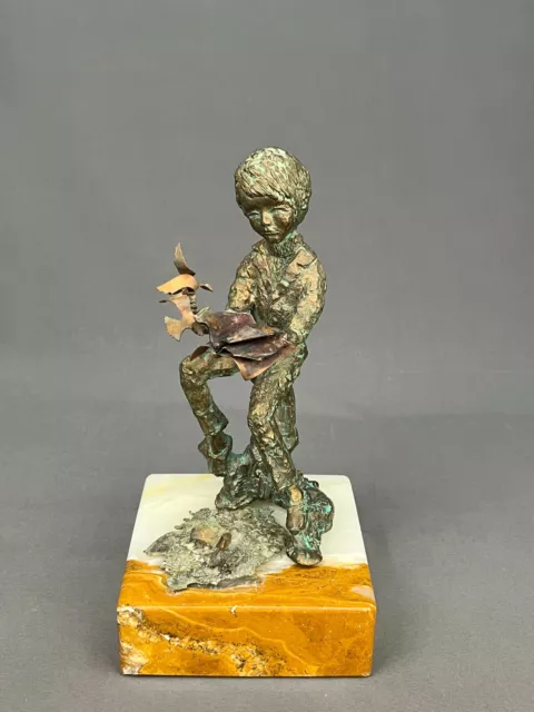 Mid-Century Bijan Brutalist 10 ¾” Bronze Sculpture Boy Reading with Seagulls 2