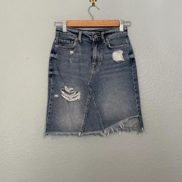 All Saints Women's Distressed Mid Wash Denim Assymetrical Mini Skirt Sz 0