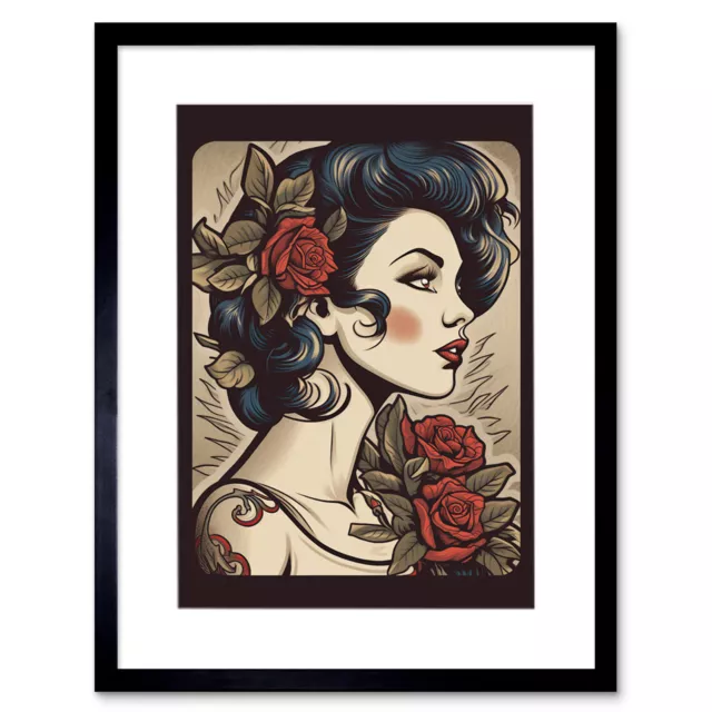 Pin Up Mädchen Tattoo Körper Kunst Blumenmuster Retro Rockabilly 50er gerahmter Kunstdruck 12X16