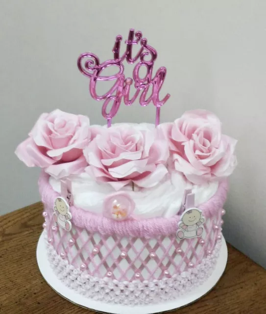 Pink And White It’s A Girl Baby Shower 1 Tier Diaper Cake Centerpiece Gift