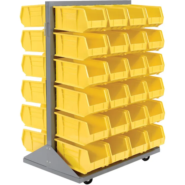 Double-Sided Mobile Rack with (48) Yellow Bins 36x25-1/2x55