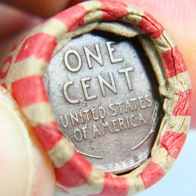 1909 P VDB Wheat Lincoln Cent Showing On End Of A 50 Coin Wheat Roll 1a