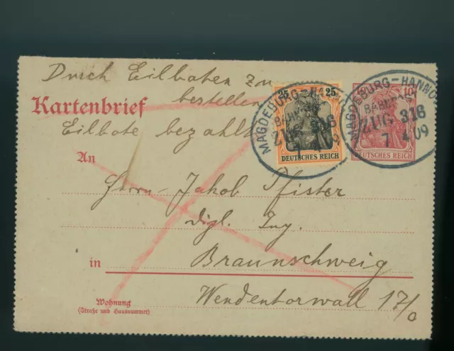 DR 1909 Kartenbrief Ganzsache Germania  Bahnpost Zug 316 nach Braunschweig