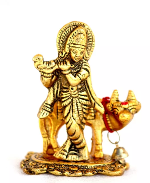 Fait Lord Krishna Jouer Flûte Avec Vache Décorative Modèle Figurine