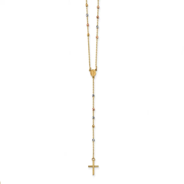 14k Tri Color Gold 2mm Diamond-Cut Prayer Beads Rosary 24 Inch Necklace mm
