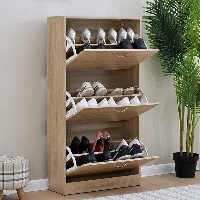 Scarpiera In Legno Doppio Scomparto Slim - 63x24x80 Cm, 3 Ante A Ribalta, Fino A 12 Paia Di Scarpe