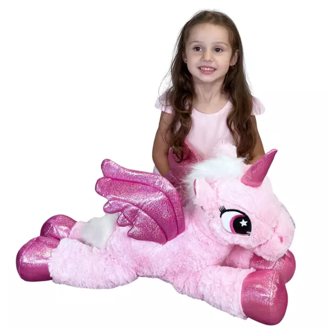 Unicorno Peluche 60cm Rosa Glitter Pony Cavallo Magico Disteso con Ali