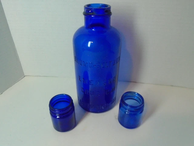 Vintage Cobalt Blue Glass Embossed Bromo-Seltzer Bottle 8" T & 2 Vicks Bottles