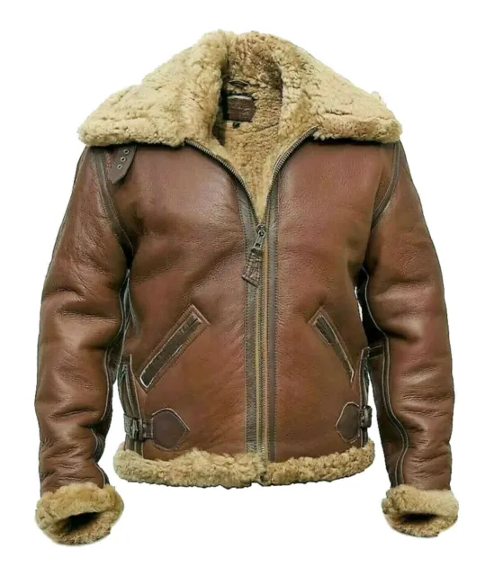 B3 RAF Bomber Mens Brown Aviator Flying Fur Real Leather Jacket Coat