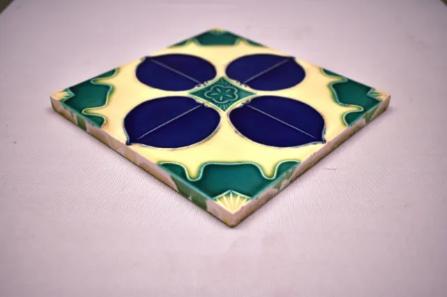 Vintage Japan Tile Majolica Art Nouveau Danto Kaisha Porcelain Blue Leaf Four"79 3
