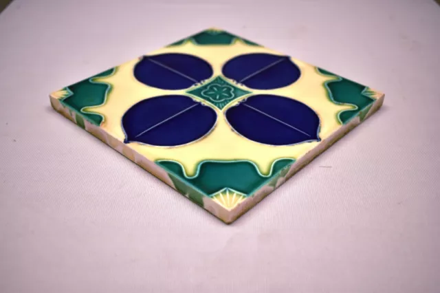 Vintage Japan Tile Majolica Art Nouveau Danto Kaisha Porcelain Blue Leaf Four"79 3