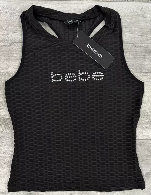 Bebe Ribbed Rhinestone Bling Logo Tank Top Stretchy Jet Black Size Small NEW