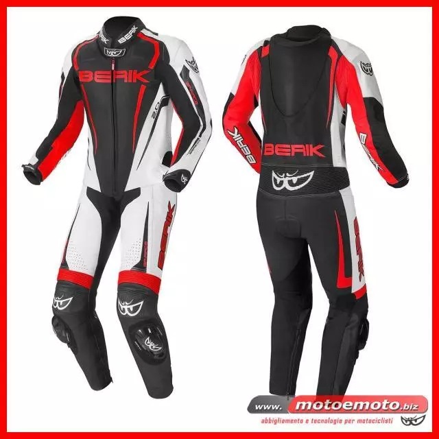 Tuta Moto Pelle Intera Berik 171334 Polimar Nero Bianco Rosso Fluo