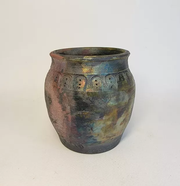 Studio Pottery RAKU VASE-Iridescent Multicolored Glazes-Art Pottery Signed/Dated