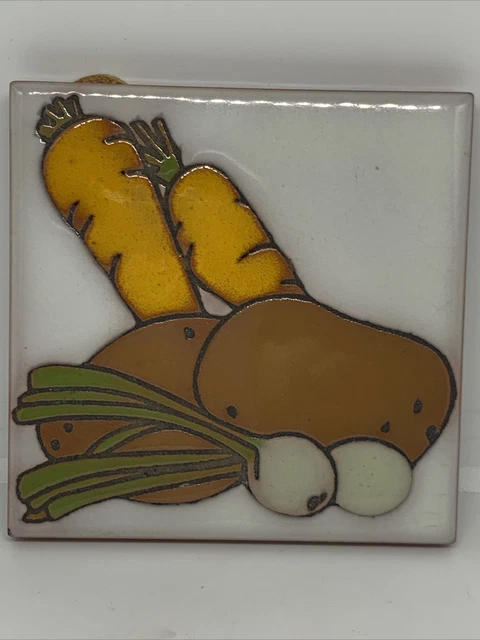 VTG Italian Italy 4” Clay TILE  TRIVET No 94 Hand Painted Carrot Potato Onion