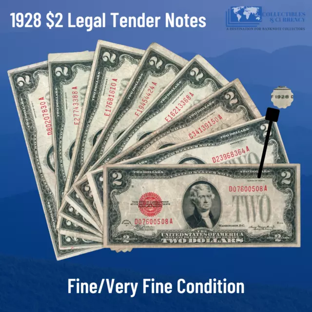 ✔ One 1928 Red Seal $2 Legal Tender Notes, F/VF, Old US Two Dollars Bill