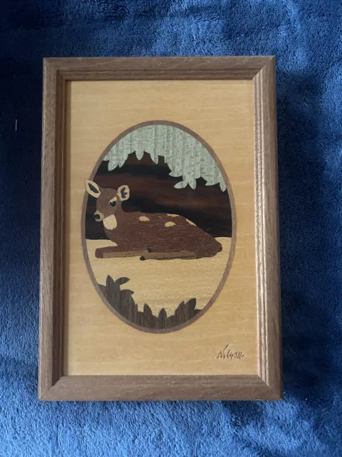 Nelson Wood Art Hudson River Inlay Fawn/Deer Scene, Vintage, 7 x 10 inches