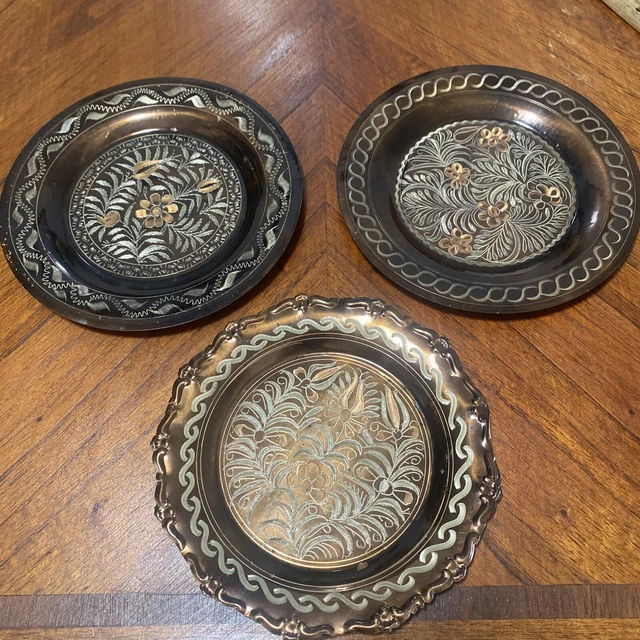 Etched Metal Wall Decor Plate. Leaves/Flowers/Silver Leaves On Copper Set Of 3