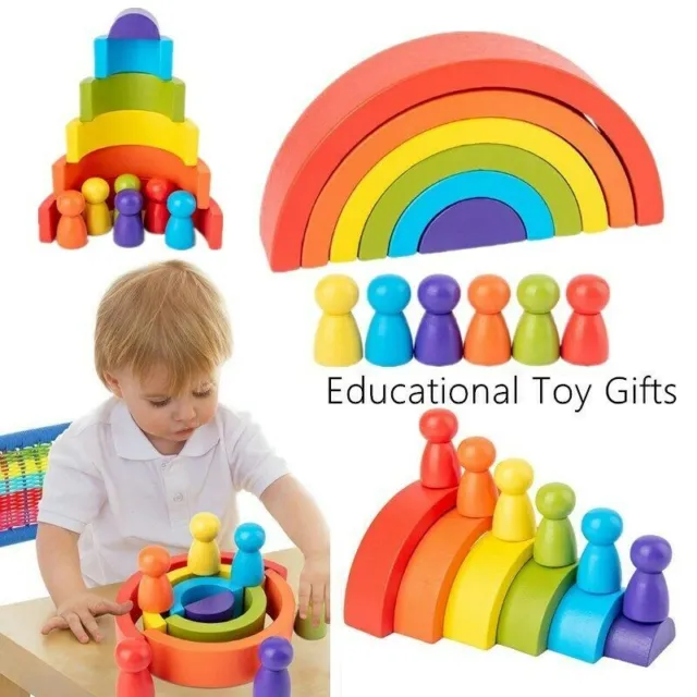 7 Colors Wooden Rainbow Blocks Child Kids Building Stacking Educational Toy Kits