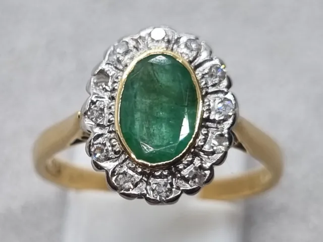 Ladies 18ct Gold Emerald & 15pt Diamond Cluster Ring - Size P + Appraisal