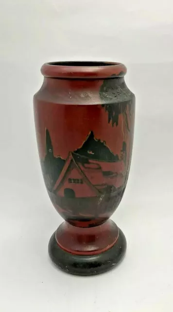 Vintage Handcrafted Hand Painted Turned Wood House Trees Wooden Vase