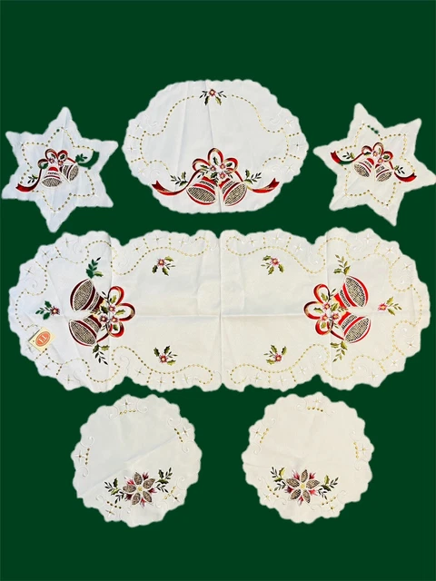 Juego de 6 Campana de Navidad Bordada Mesa Corredor Doilies Holiday Campana Poinsettia de Colección