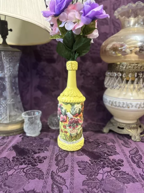 Decorative Wine Bottle Glass Vase Upcycled Hand Painted Yellow Floral