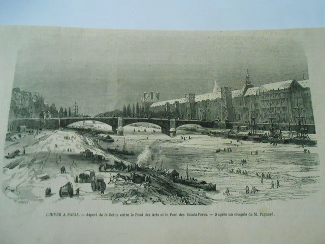 Gravure 1868 - Hiver à Paris Aspect de la Seine entre pont des Arts et St Pères