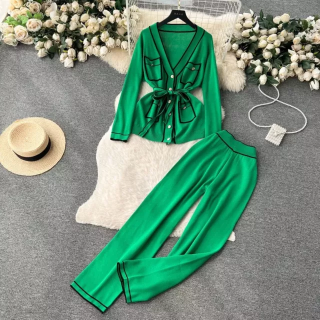 Tailleur Completo Outfit Set Camicia Maglia Pantaloni Morbido Verde 79301