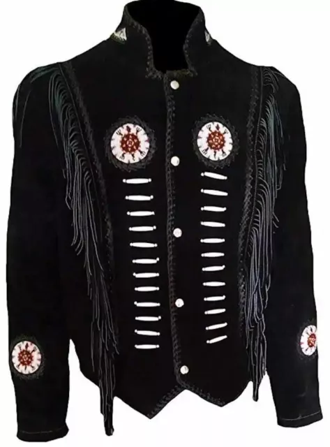 New Men Native American Cowboy Leather Jacket Fringe & Beads Western Suede