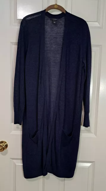 HALOGEN Navy Blue Linen Blend Lightweight Open Front Duster Cardigan Sweater L