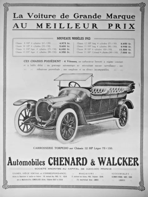 Publicité De Presse 1913 Automobiles Chenard & Walcker Carrosserie Torpedo