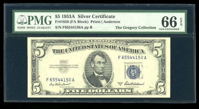 DBR 1953-A $5 Silver Gem Fr. 1656 FA Block PMG 66 EPQ Serial F65544150A
