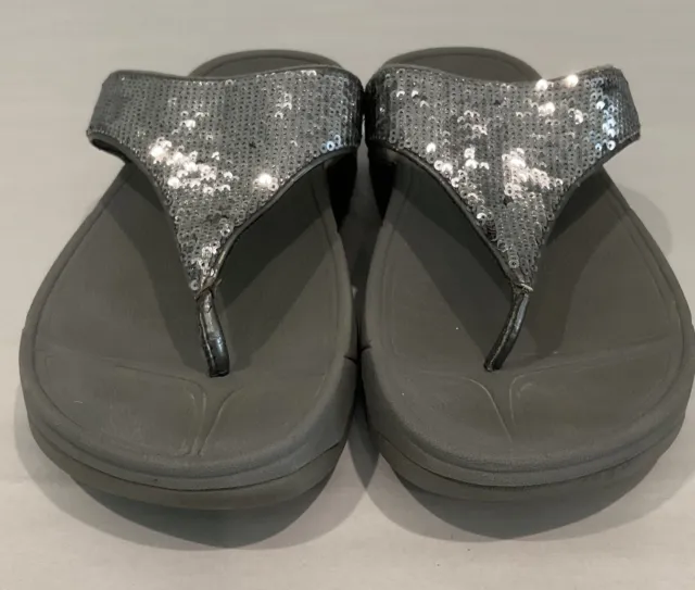 FitFlop Electra 034-054 Womens Sz 7 Sandal Flip Flop Thong Wedge Sequins Gray