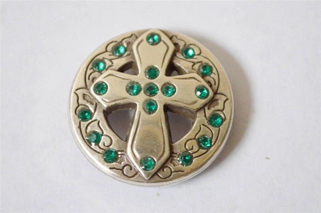 Neu Enmon Grün Strass Kreuz Concho Leder Western Gürtel Rund Silber Tack